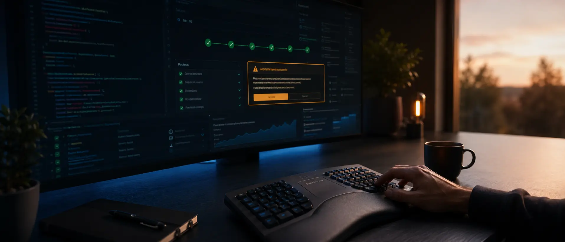 Minimalist software engineer's desk at sunset with an ultrawide monitor displaying a CI/CD deployment workflow awaiting approval, while a hand hovers above an ergonomic keyboard before pressing Enter, lit by a blend of warm natural light and monitor glow.