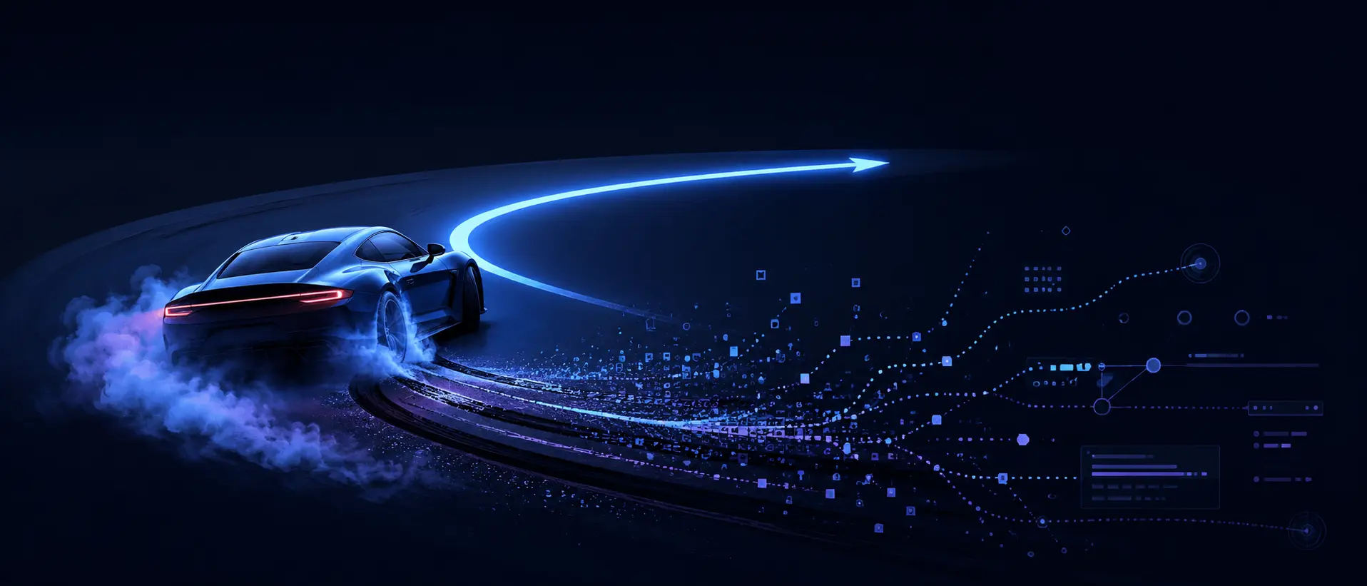 Car drifting while a digital path curves toward a new direction
