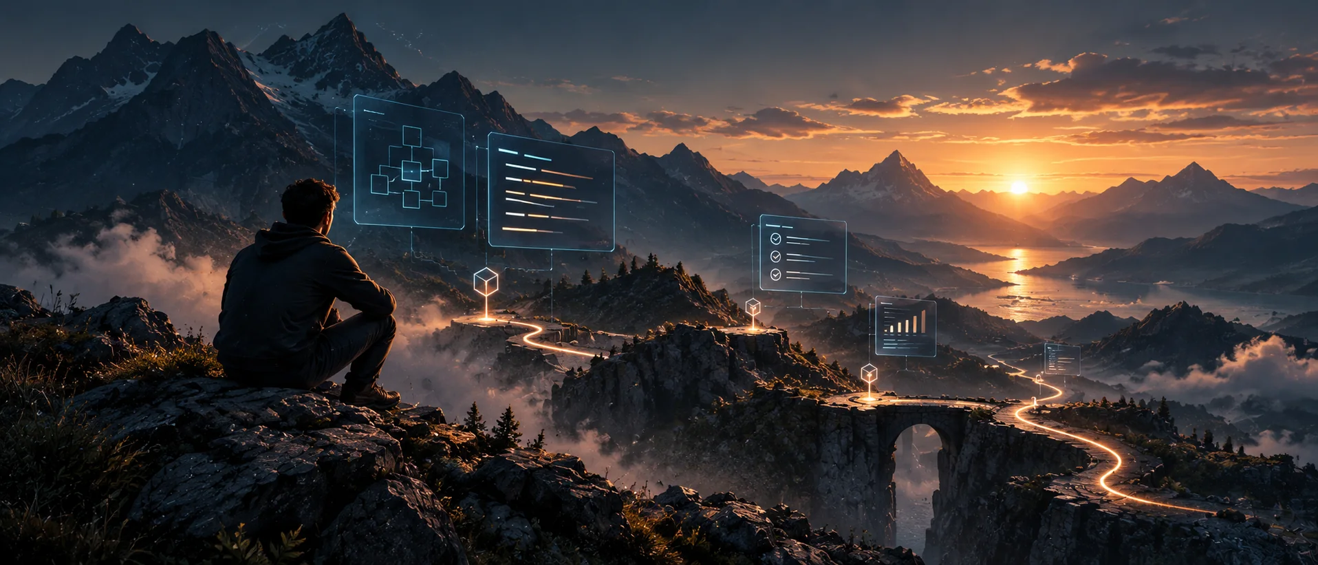 A software developer sits on a rocky overlook at sunset, facing a mountain valley crossed by a glowing path and translucent software diagrams, a visual metaphor for learning and engineering with AI.